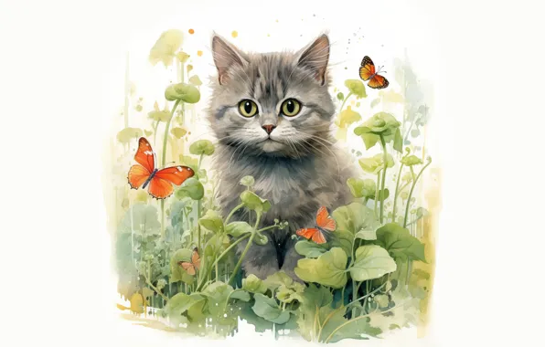 Кошка, трава, взгляд, бабочки, котенок, серый, белый фон, мордашка