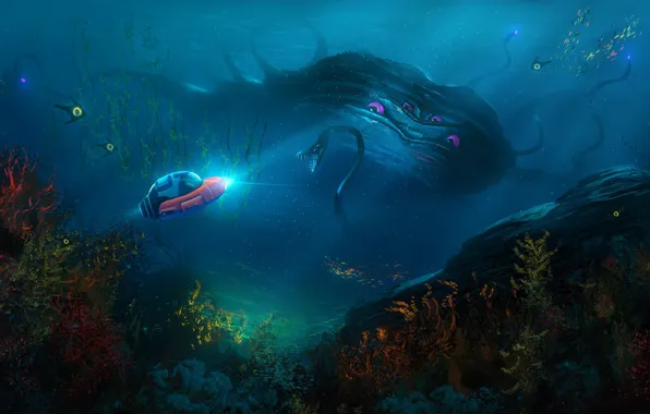 Глаза, океан, змея, существо, батискаф, Subnautica