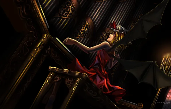 Девушка, крылья, свечи, платье, touhou, орган, flandre scarlet, тохо