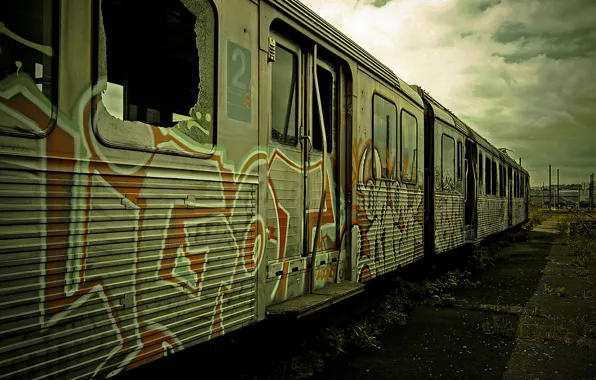 Картинка граффити, поезд, вагон, электричка, пустырь, заброшенный, graffiti