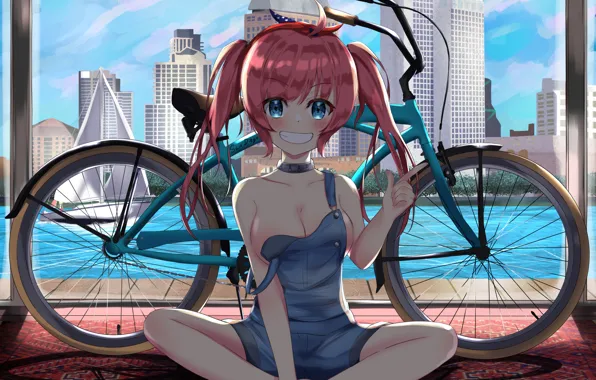 Girl, sexy, cleavage, long hair, bike, boobs, anime, beautiful