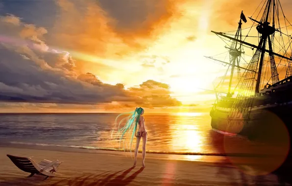 Картинка песок, море, облака, корабль, аниме, girl, лежак, anime