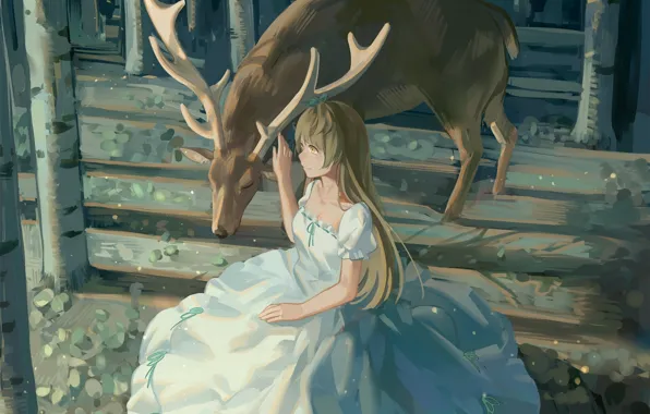 Картинка девушка, деревья, природа, животное, аниме, олень, арт, рога