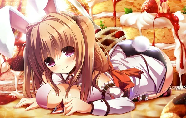 Девушка, сливки, клубника, румянец, каштановые волосы, розовые глаза, bunnygirl, заячьи ушки