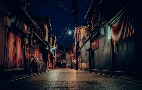 Картинка улица, Япония, Киото, магазины, ночью, фонарный столб