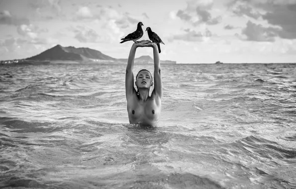 Море, волны, девушка, птицы, поза, модель, Girl, фотограф