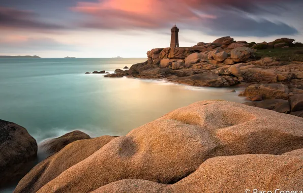 Картинка море, камни, рассвет, берег, маяк