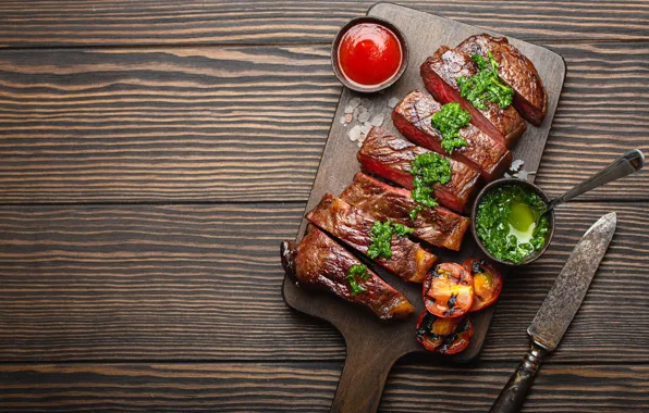 Зелень, доски, мясо, кусочки, помидоры, соус, жареное, миски