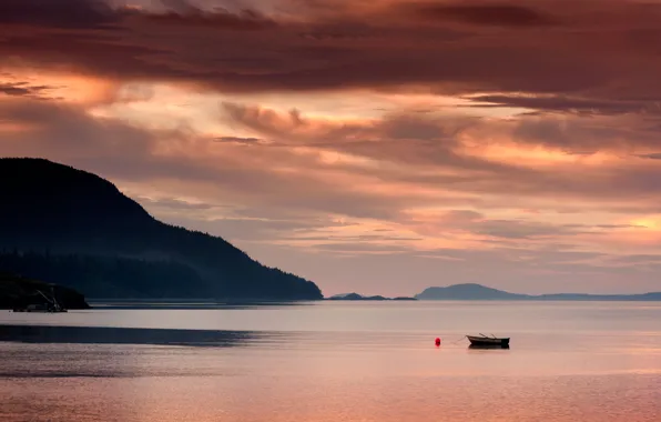 Red, sea, water, island, sunrise, Washington, boat, red sky