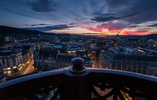 Закат, огни, вечер, сумерки, Цюрих, вид с балкона