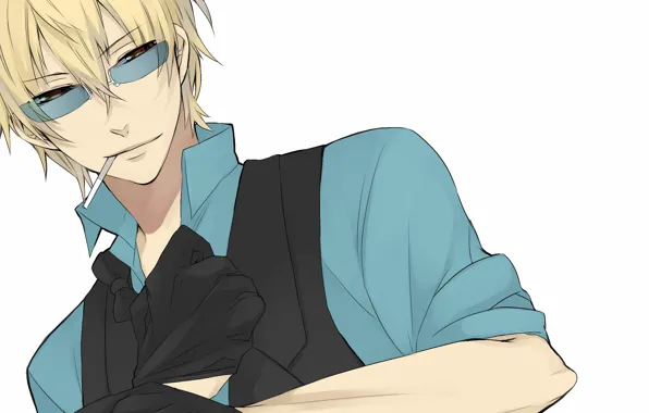 Картинка аниме, очки, сигарета, перчатки, рубашка, парень, курит, блондин