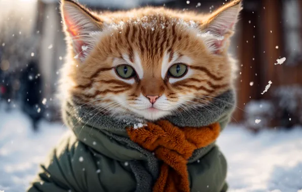 Зима, кошка, взгляд, снег, поза, котенок, улица, портрет