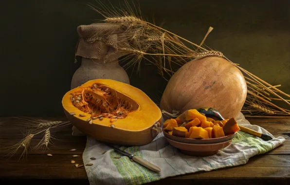 Стол, кубики, рожь, полотенце, колоски, нож, тыквы, тыква