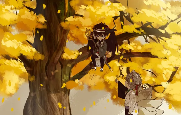 Осень, дерево, аниме, арт, мальчики, GinTama