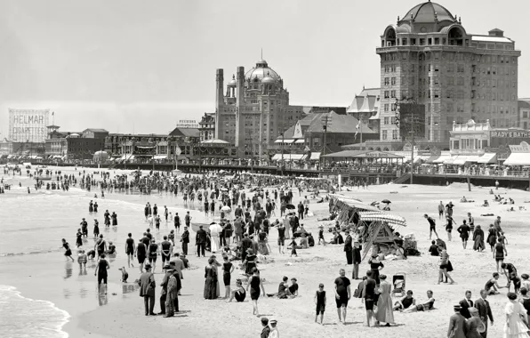 Картинка море, пляж, ретро, люди, берег, США, 1915-й год