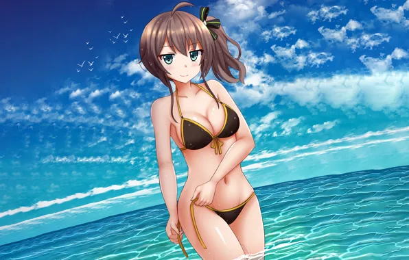 Girl, sexy, cleavage, sky, long hair, sea, brown hair, boobs