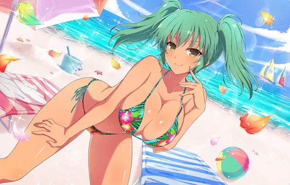 Girl, sexy, cleavage, beach, long hair, sea, boobs, anime