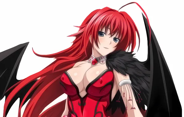 Girl, sexy, cleavage, red hair, long hair, boobs, anime, wings