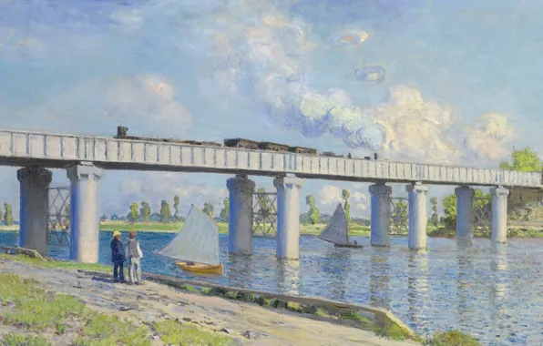 Картинка пейзаж, лодка, картина, парус, Клод Моне, Железнодорожный Мост в Аржантее