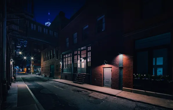 Картинка ночь, город, улица, здания, дома, Нью-Йорк, USA, США
