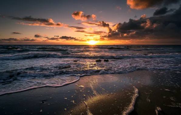 Картинка песок, волны, пляж, пена, океан, утро