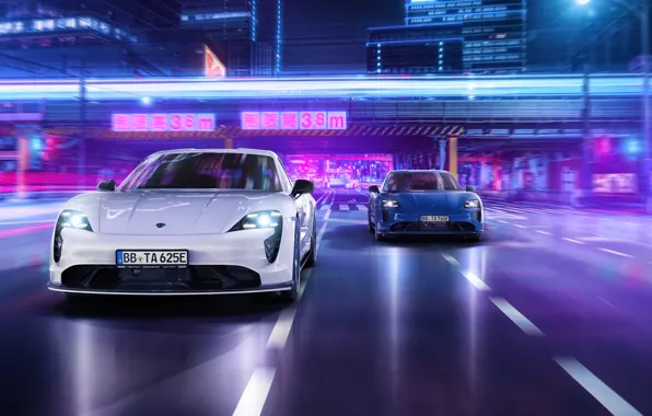 Город, неон, Porsche, порше, TechArt, Aerokit, 2021, Taycan