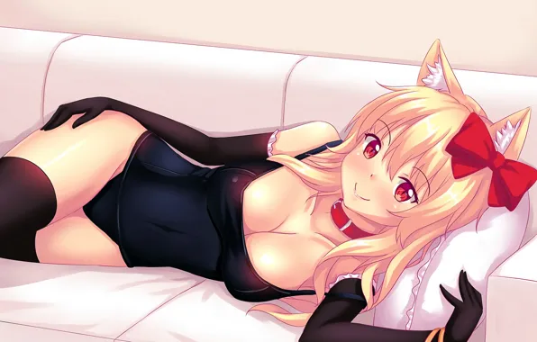 Girl, sexy, cleavage, thighhighs, bodysuit, long hair, boobs, anime