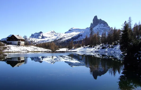 Зима, снег, горы, озеро, Италия, Italy, Dolomites, Lake Federa
