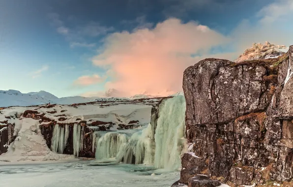 Картинка лед, зима, небо, горы, водопад, Исландия, Iceland, Kirkjufoss