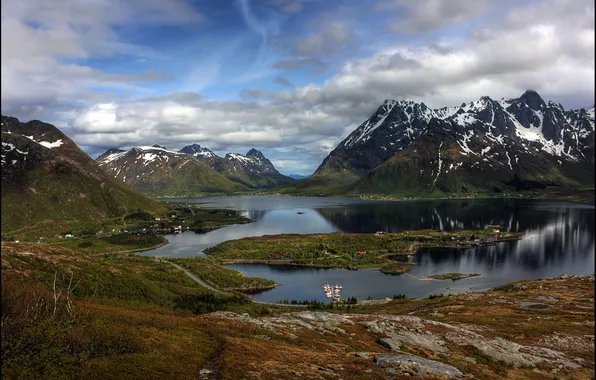 Картинка осень, снег, горы, озеро, остров, Норвегия