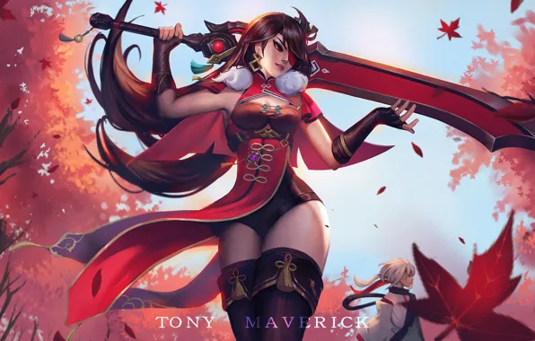Осень, девушка, меч, парень, Genshin Impact, Kaedehara Kazuha, Beidou, by Tony Maverick