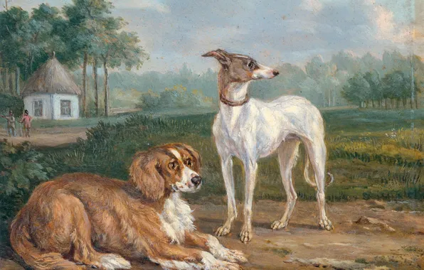 Животные, масло, картина, 1855, Jan Dasveldt, Две собаки