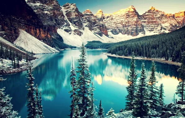 Картинка вода, пейзаж, горы, озеро, trees, nature, winter, mountains