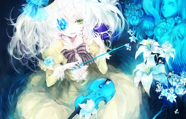 Девушка, цветы, скрипка, лилии, лица, бант, touhou, komeiji koishi