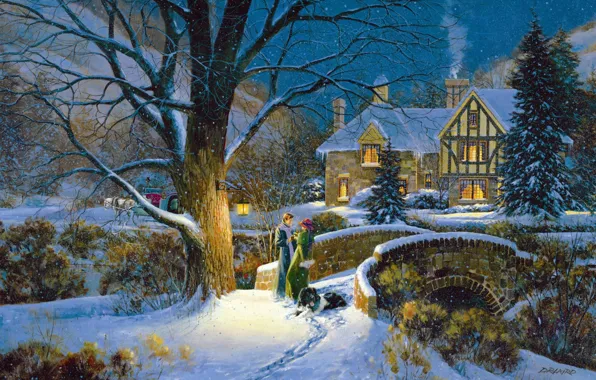 Дом, вечер, люди, деревья, зима, снег, мост, собака