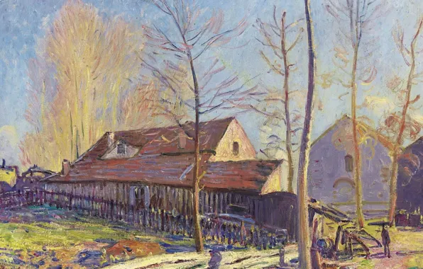 Пейзаж, картина, Alfred Sisley, Альфред Сислей, Мельницы Морэ-сюр-Луэна. Мороз. Вечерний Эффект