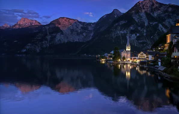 Лес, горы, озеро, скалы, дома, вечер, Австрия, Hallstatt