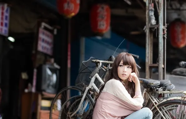 Картинка девушка, улица, азиатка, велосипеды