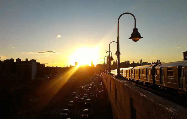 City, sunset, new york, nyc, rail, queens