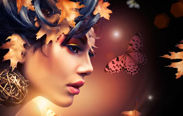 Листья, девушка, абстракция, лицо, бабочка, макияж, профиль