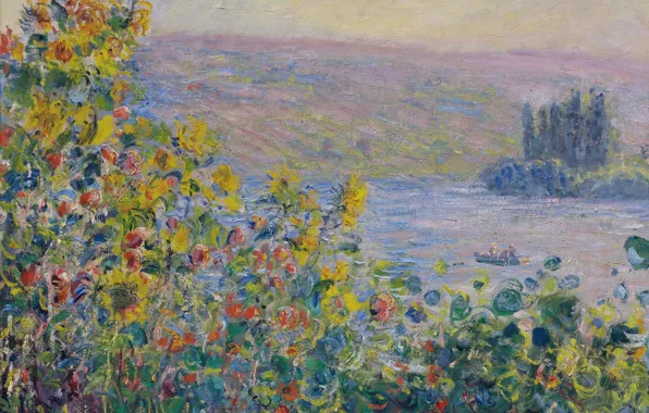 Картинка пейзаж, цветы, картина, Клод Моне, Flowers Beds at Vetheuil