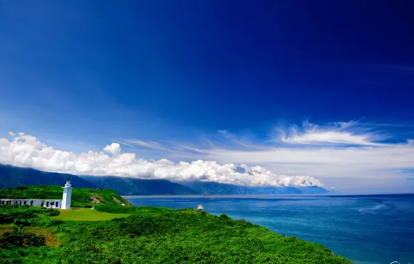 Картинка море, зелень, облака, холмы, побережье, маяк, постройки
