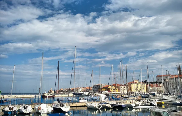 Картинка здания, дома, лодки, Пиран, Словения, Slovenia, Адриатическое море, Piran