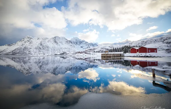 Облака, отражения, горы, утро, Норвегия, Лофотенские острова