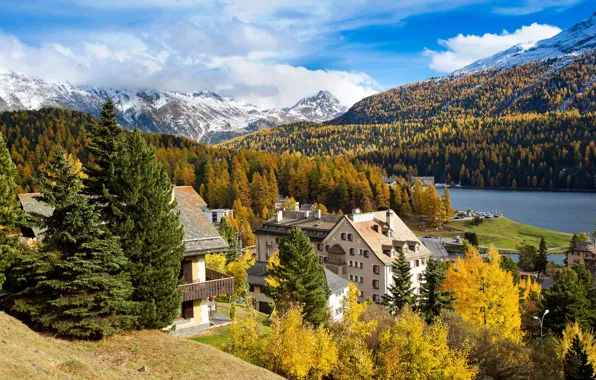 Осень, лес, горы, река, дома, Швейцария, St. Moritz
