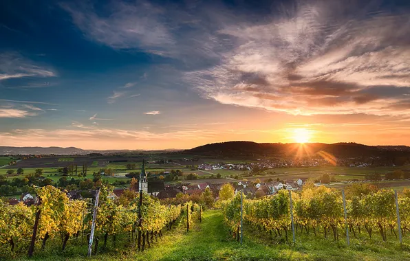 Twilight, cathedral, Germany, sunset, wine, hills, dusk, village