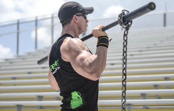 Man, muscles, workout, chains, bodybuilder, weight bar