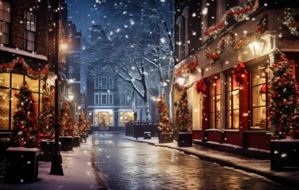 Зима, снег, украшения, ночь, город, lights, улица, елка