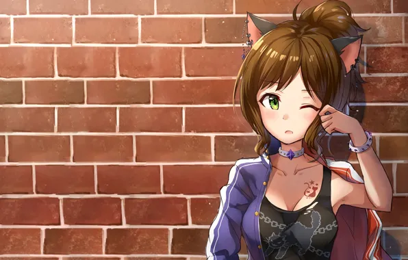 Girl, sexy, cleavage, green eyes, long hair, brown hair, boobs, animal ears