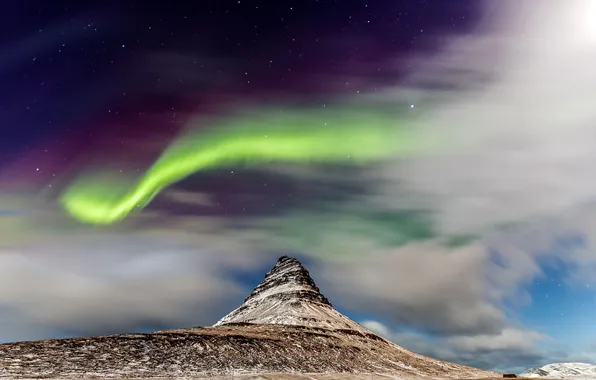 Ночь, гора, северное сияние, Исландия, Kirkjufell